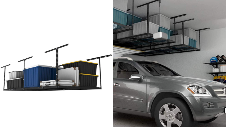 On left, black storage option with storage containers on top. On right, hanging storage option in garage with silver car.