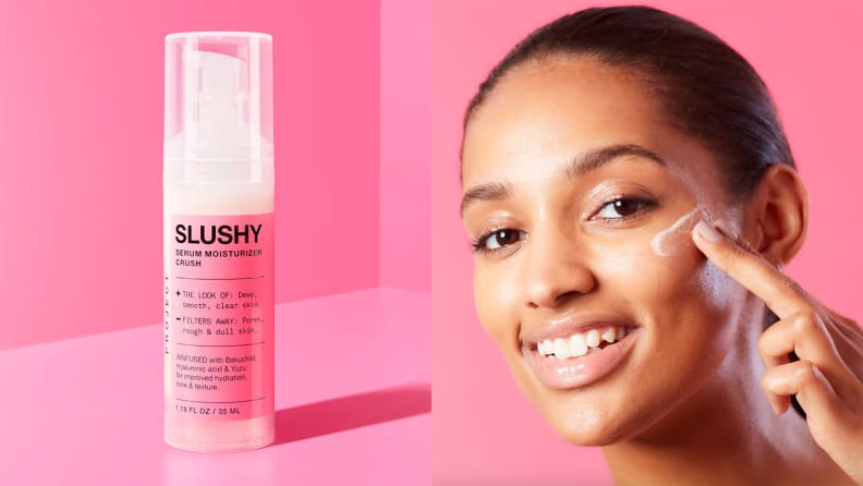 On the left: A pink bottle of moisturizer on a hot pink background. On the right: A person applying moisturizer to their cheek with their index finger and smiling.