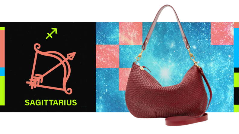 On the left is the symbol for Sagittarius, and on the right is a woven leather bag in a deep red hue.