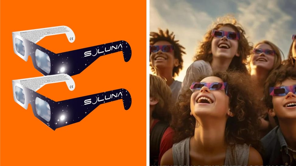 A pair of Soluna AAS-Approved Solar Eclipse Glasses next to a graphic of people wearing solar eclipse glasses.