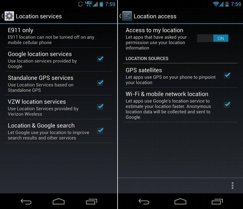 Android Location Services Menu