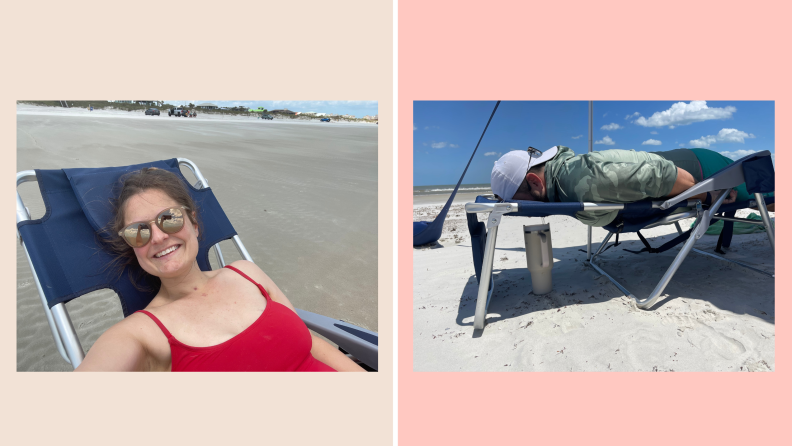 A side by side collage of someone using the headrest of the beach chair and someone lying face down in the beach chair drinking from a straw cup