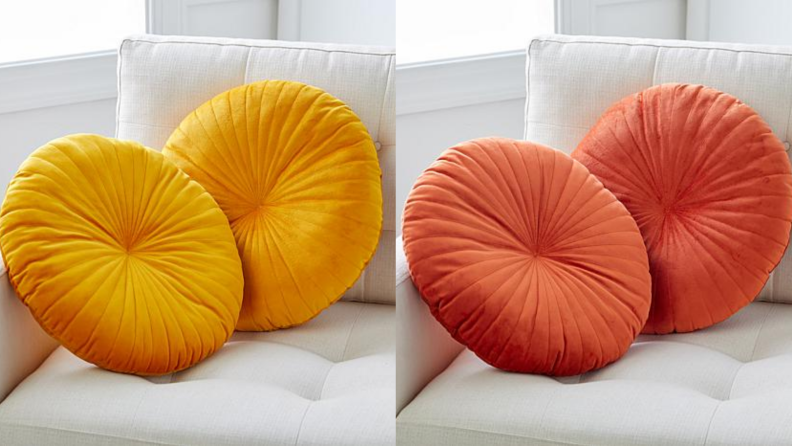 Two images of the same set of round velvet throw pillows, the first with the pillows in gold and the second with the pillows in russet orange.