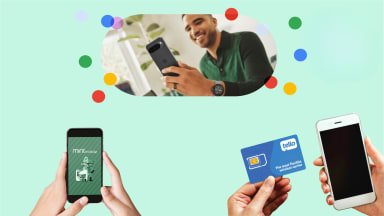 Collage of different no contract phone plans on green background