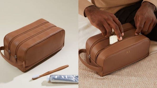 Brown leather toiletry bag