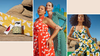 Collage image of colorful printed housewares and models wearing printed dresses and jumpsuits.
