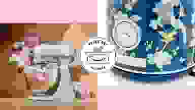 Food mixer and teapot with florals in front of a pink background