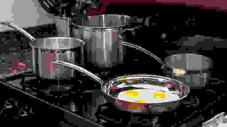 A set of stainless steel cookware
