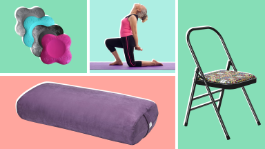 Assorted fitness items used for seniors to practice yoga.