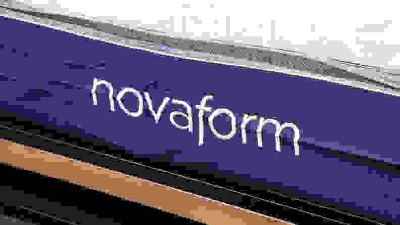 Close up of a Novaform foam mattress' side panel showing its logo.
