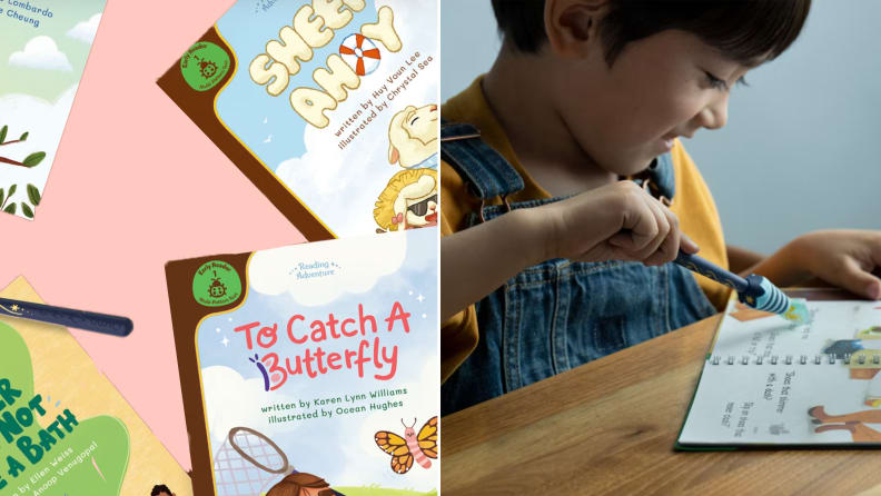 On left, scattered children's books. On right, child sitting at table while using pointer wand to follow along with words in book.