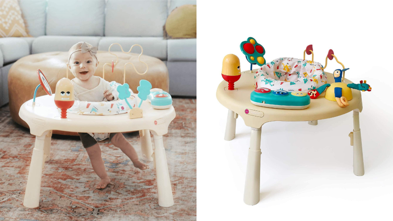 A toddler plays in a mobile activity desk.