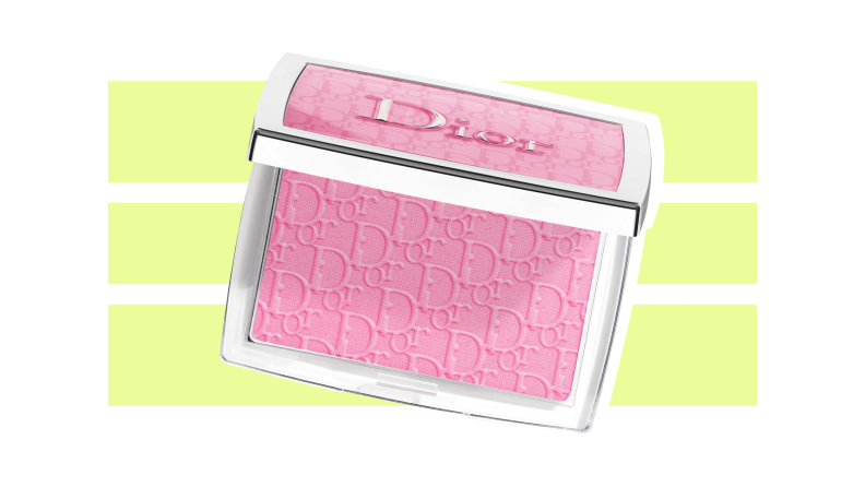 Dior Backstage Rosy Glow Blush in Light Pink against a green and white background.