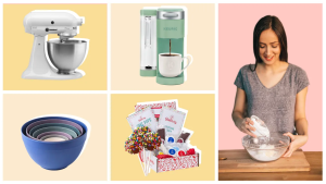 Mixing bowls, stand mixer, coffee maker, and gift bags for baking.