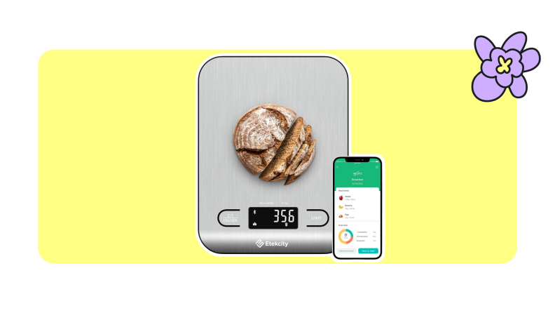 An Etekcity digital baking scale with iPhone app screenshot on a yellow background.