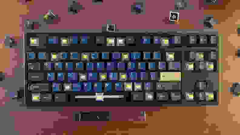 A mechanical keyboard with some of its keys removed
