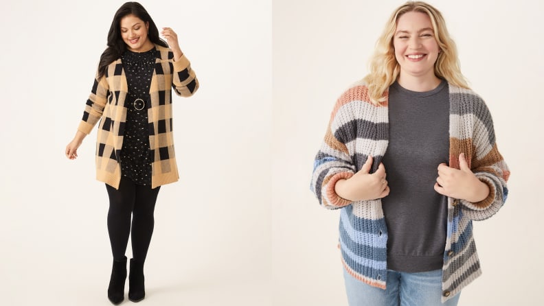 Two plus size women wearing fashionable outfits facing the camera and smiling