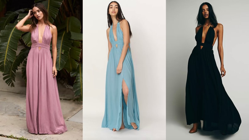 Models wearing a pink, blue, and black Look Into the Sun Maxi Dress.