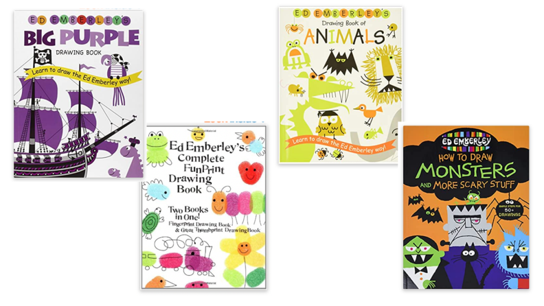 Four Ed Emberley books: The Big Purple Book, Drawing Animals, Drawing Monsters, and Finger Print Drawings.