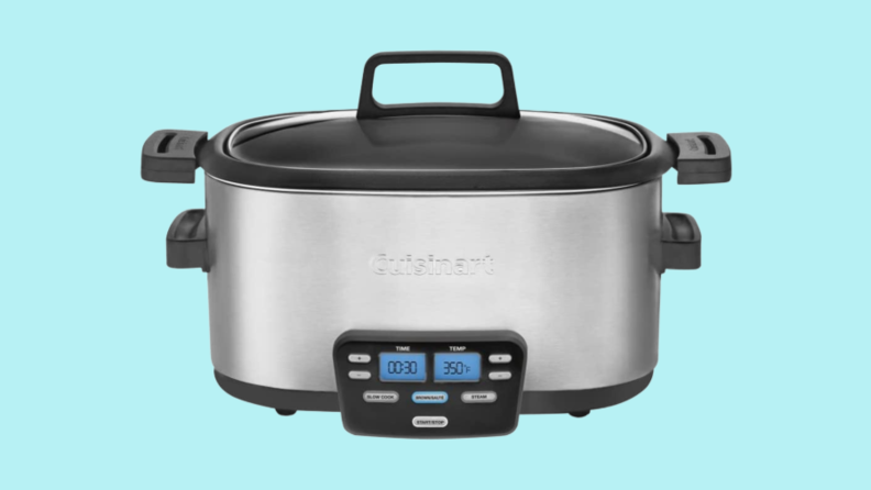 Slow cooker against cyan background
