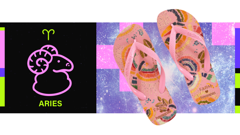 On the left is the symbol for Aries, and on the right is a pair of pink flip-flops with a botanical print.