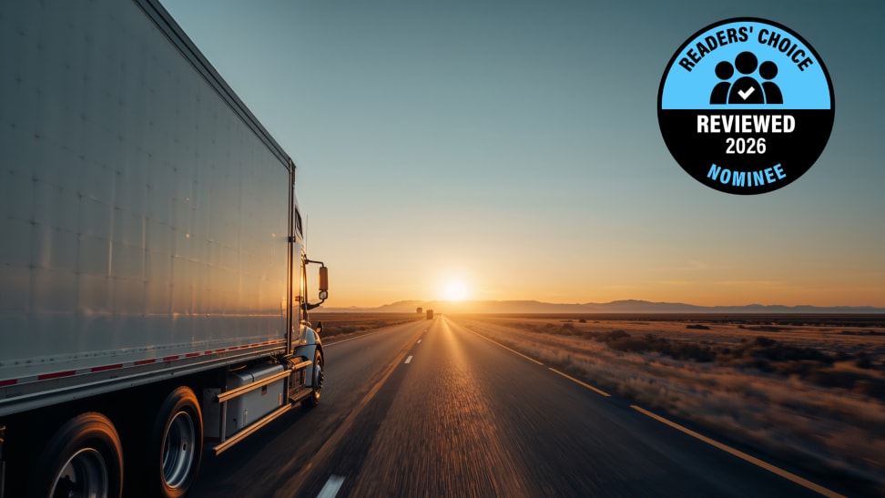Reviewed's Readers' Choice Award nominee badge on top of an image of a truck driving down a highway at sunset