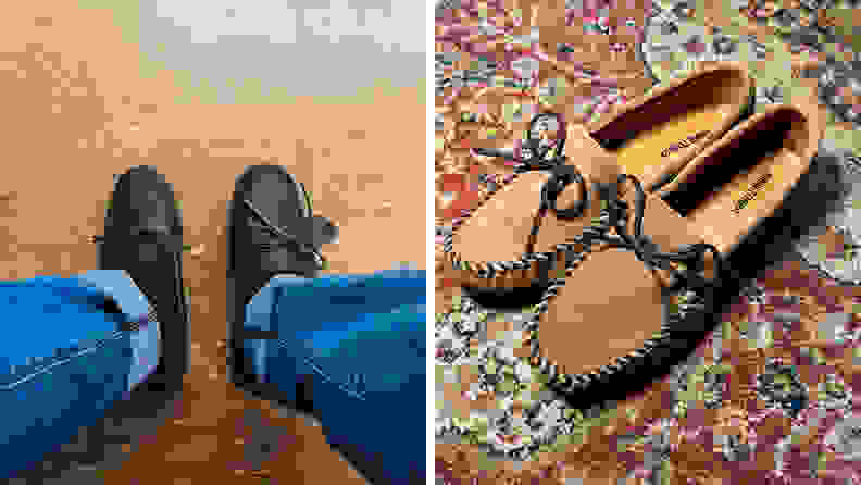 A man wearing blue shoes with jeans and also a pair of brown moccasins on a rug.