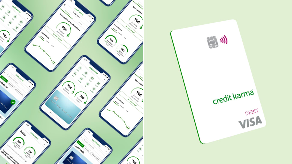 A collage with smartphones displaying the Credit Karma app next to a Credit Karma debit card with the Visa logo.