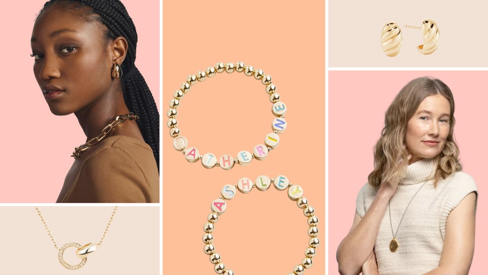 A collage of with two people modeling jewelry and an assortment of jewelry including gold necklaces, earrings and bracelets.