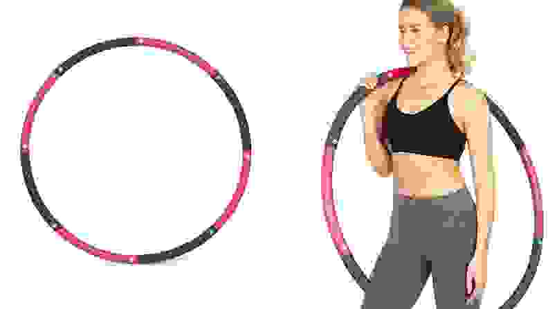 An image of the hula hoop and a woman posing with the hoop on her shoulder.