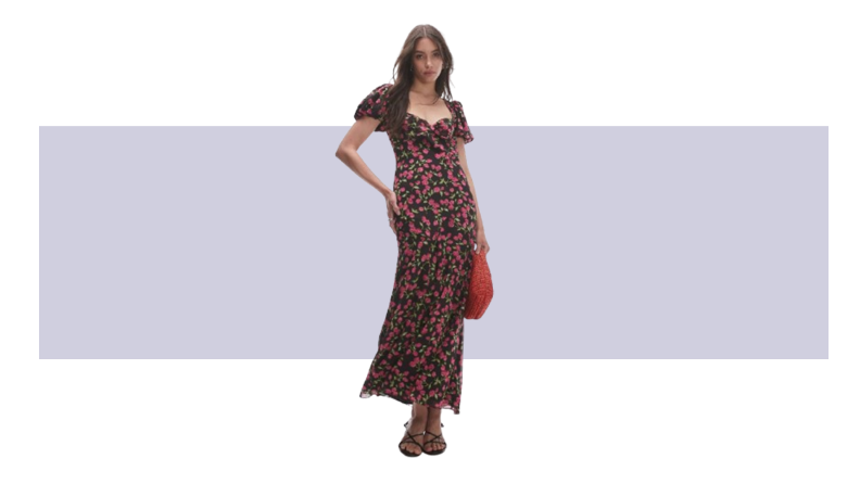 A full-length floral print dress.
