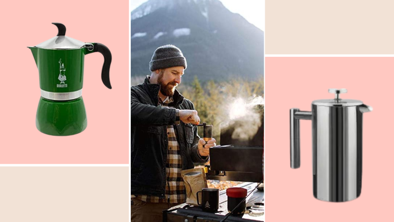 Left: Bialetti moka pot. Center: Person grinding coffee outdoors. Right: SterlingPro French press.