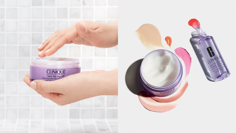 On the left: A hand reaches into the purple jar of the Clinique Take The Day Off Cleansing Balm with shower tiles in the background. On the right: the Clinique Take The Day Off Cleansing Balm jar sits open revealing a white cream. A bottle of Clinique makeup remover sits next to it.