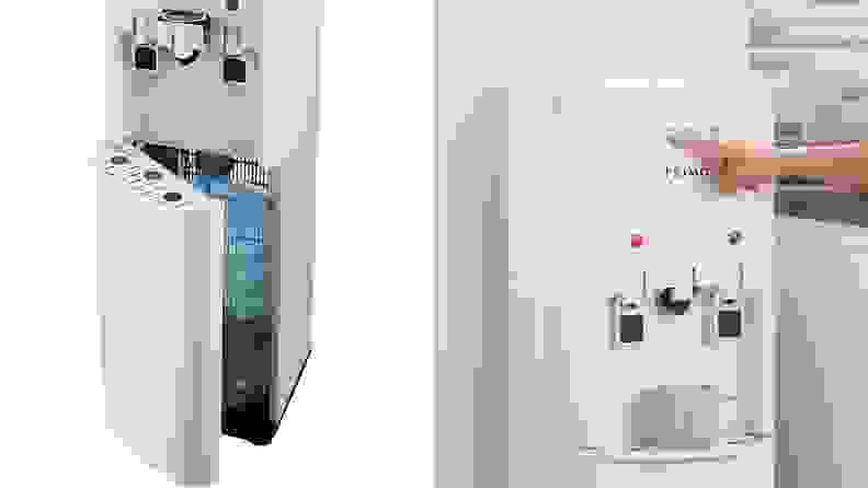 Left: A closeup image of a bottom loading water dispenser, partially open to reveal the water bottle inside. Right: A hand presses the button for single-cup coffee brewing on the same water dispenser.