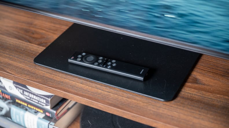 A close-up of the Samsung QN90B's pedestal-style stand