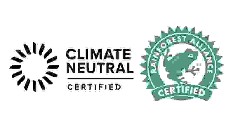 the climate neutral and rainforest alliance seals, shown side by side