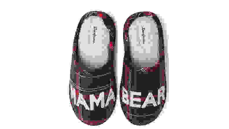 Cushy slippers with mama bear text on white background