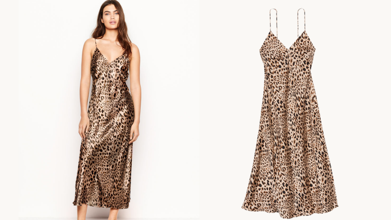woman wearing midi slip dress in leopard