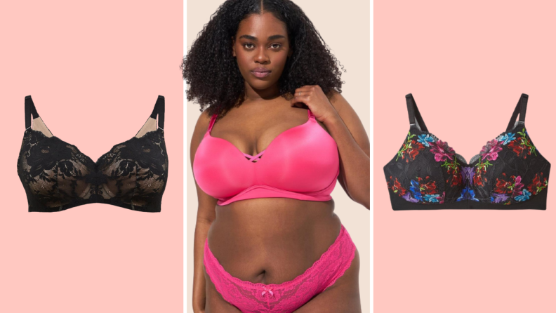 Three bras collaged against a colorful background: the first is black lace, the second is a hot pink set seen on a model, and the third is a floral lace option.