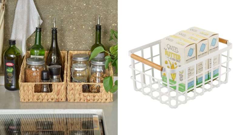 On the left, wicker baskets on a counter top with items in them. On the right, a white metal basket with boxes of food in them.