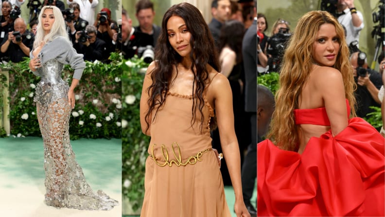 Kim Kardashian, Zoë Saldana, and Shakira wearing one of the biggest Met Gala red carpet trends.