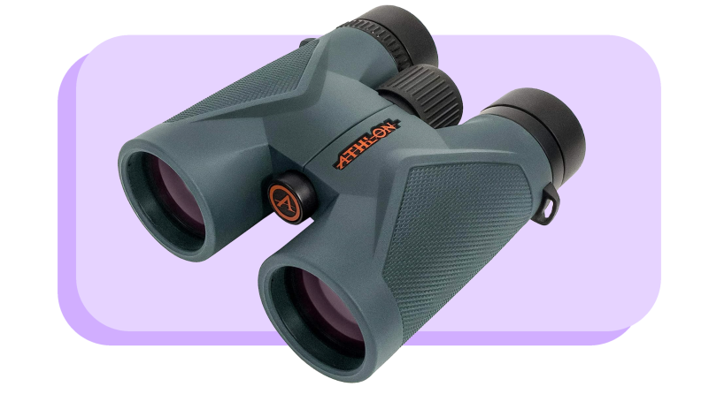 Product shot of the Athlon Optics Midas Binoculars in navy color with orange accents.