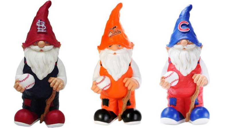 Three gnomes holding baseballs and canes