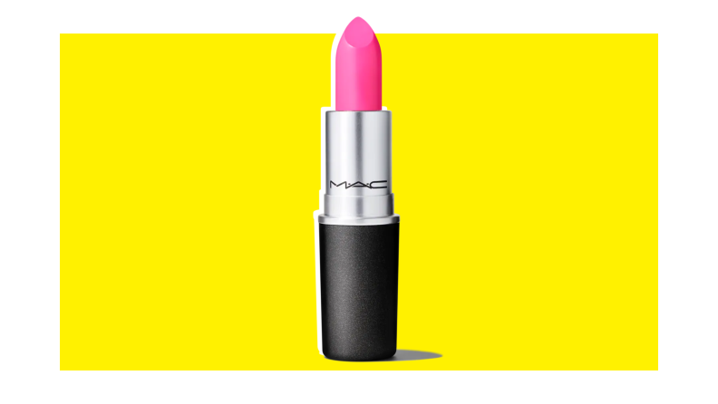 Tube of MAC Matte lipstick in “Candy Yum Yum” shade that is hot pink.