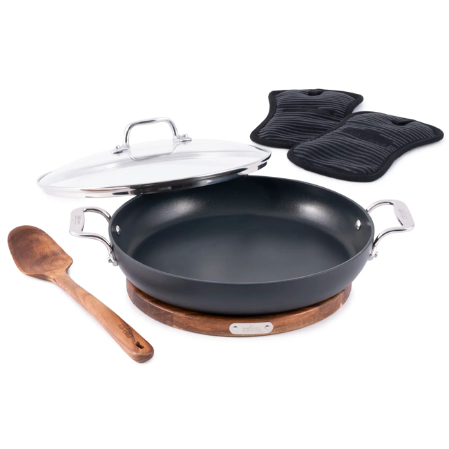 All-Clad Universal Pan with Acacia Wood Trivet and Spoon and Potholder Set