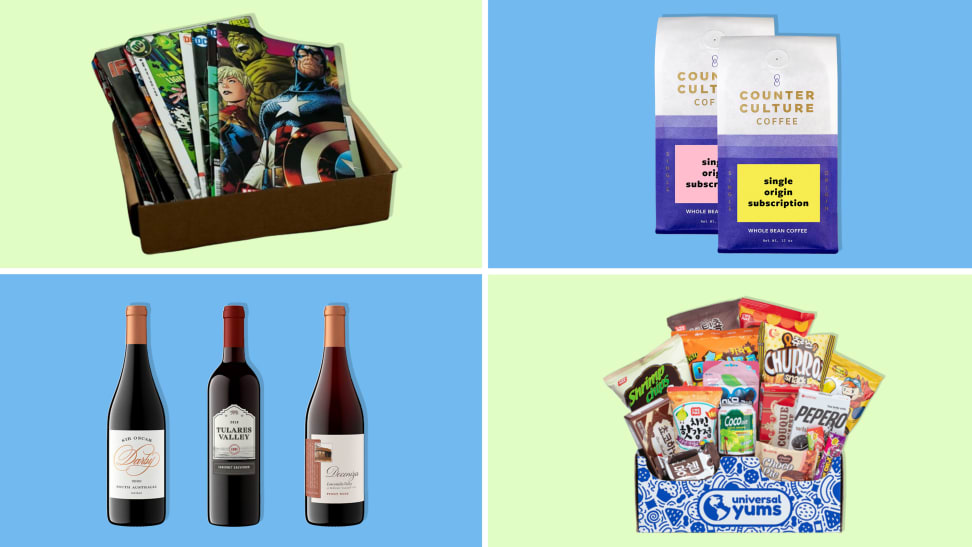 A selection of the best subscription boxes including comics, coffee, wine, and Japanese snacks on a green and blue background.