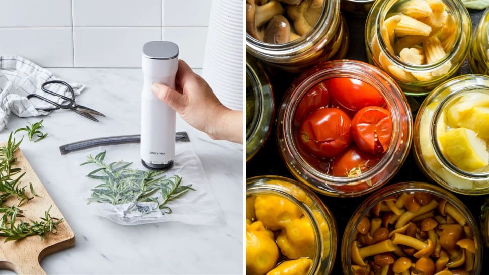 On left, Zwilling Fresh & Save storing fresh herbs on a countertop.  On right, a spread of produce-filled jars shot from above.