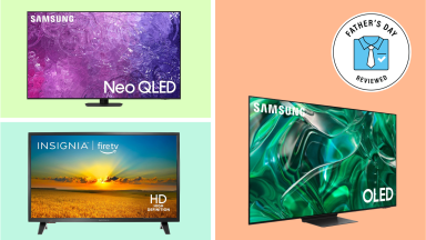 A collage of discounted TVs from different brands in front of colored backgrounds.