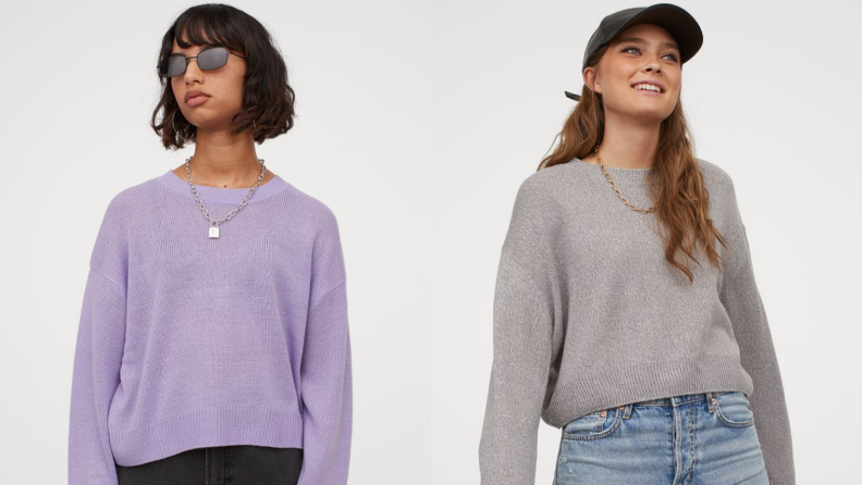 Two images of women in the same crew neck. The first features a woman in sunglasses wearing the crew neck in purple, the second features a woman in a baseball cap wearing the sweater in gray.