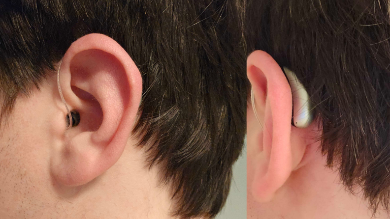 The Sennheiser All-day Clear hearing aids inserted into the tester's ear